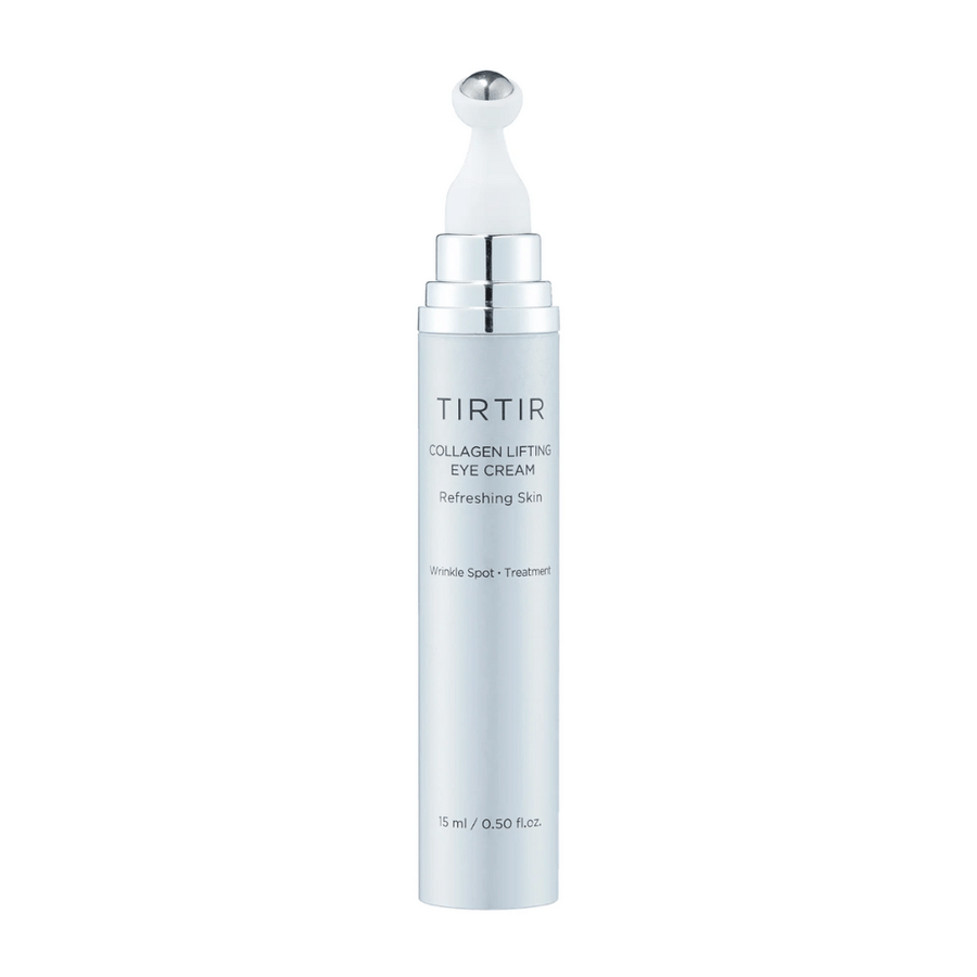 Tub med TIRTIR Collagen Lifting Eye Cream mot en ren bakgrund, utformad för uppfräschande hudvård.