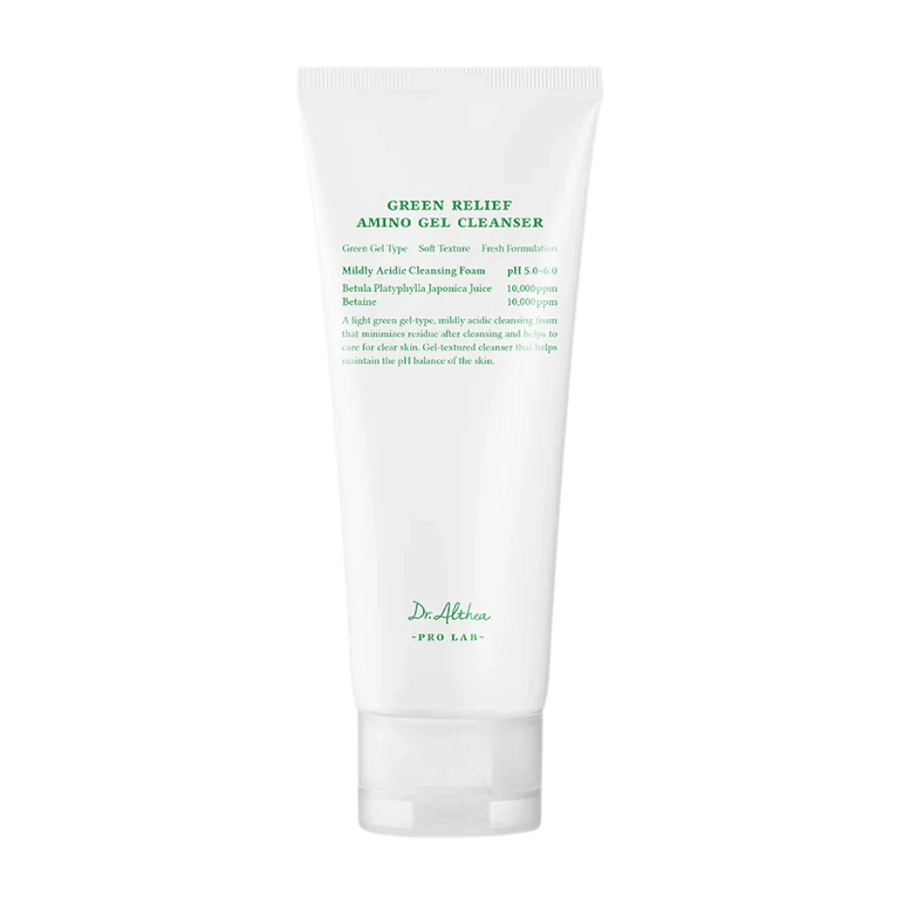 Produkten visar Dr. Althea Green Relief Amino Gel Cleanser – en mild, vegansk rengöringsgel med lätt grön formula och pH 5.0–6.0 för känslig hud.
