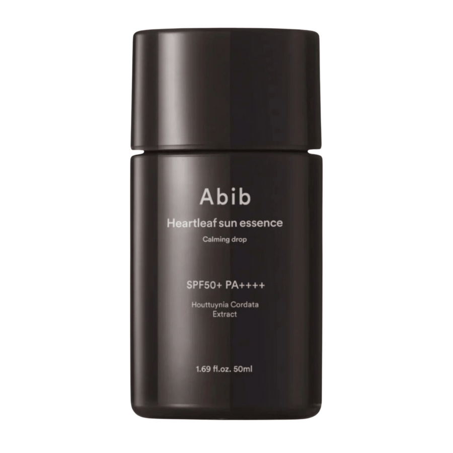 Produktbild på Abib Heartleaf Sun Essence Calming Drop i svart förpackning med vit text och SPF50+ PA++++, 50 ml.