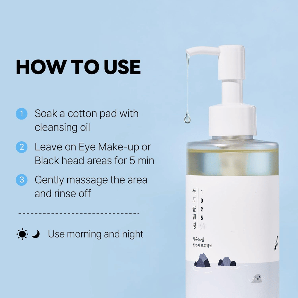 Round Lab 1025 Dokdo Cleansing Oil som effektivt løser opp sminke, solbeskyttelse og urenheter med en lett og fuktgivende oljetekstur