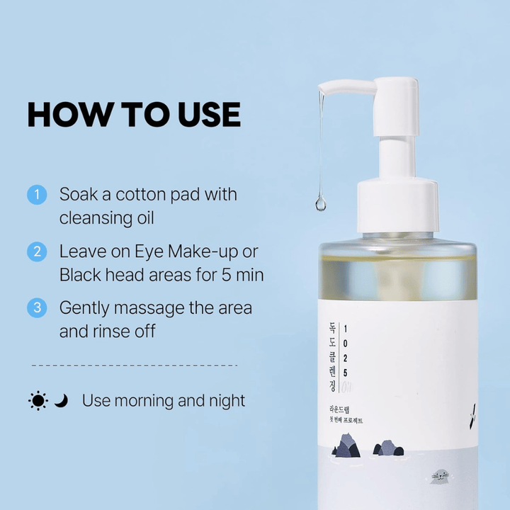 Round Lab 1025 Dokdo Cleansing Oil som effektivt løser opp sminke, solbeskyttelse og urenheter med en lett og fuktgivende oljetekstur