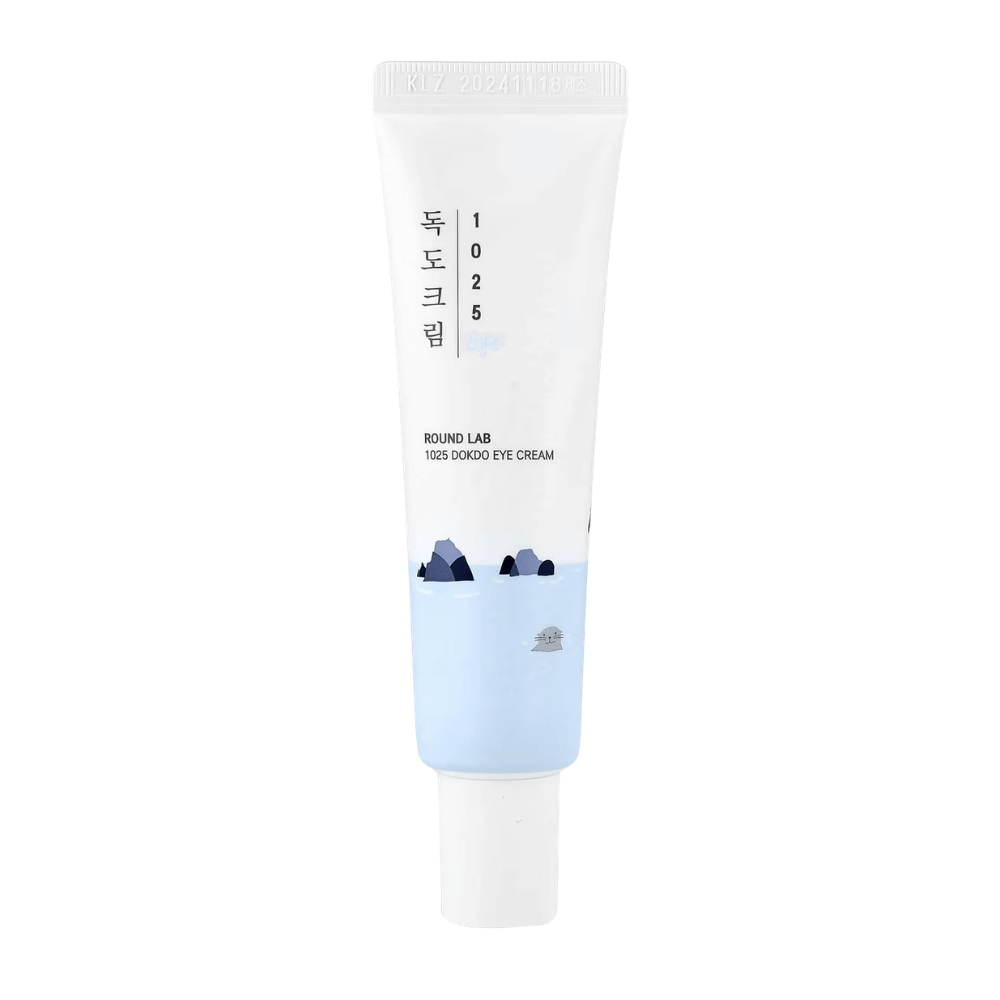 Round Lab 1025 Dokdo Eye Cream produktbilde med minimalistisk design, fuktighetsgivende formel for sensitiv hud og forbedret hudelasticitet