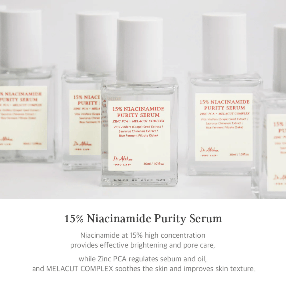 Dr. Althea 15% Niacinamide Purity Serum med høy konsentrasjon av niacinamid for lysere hud og porereduksjon. Inneholder Zinc PCA for sebumregulering og MELACUT COMPLEX for å berolige huden og forbedre teksturen. Elegant emballasje for profesjonelt inntrykk.