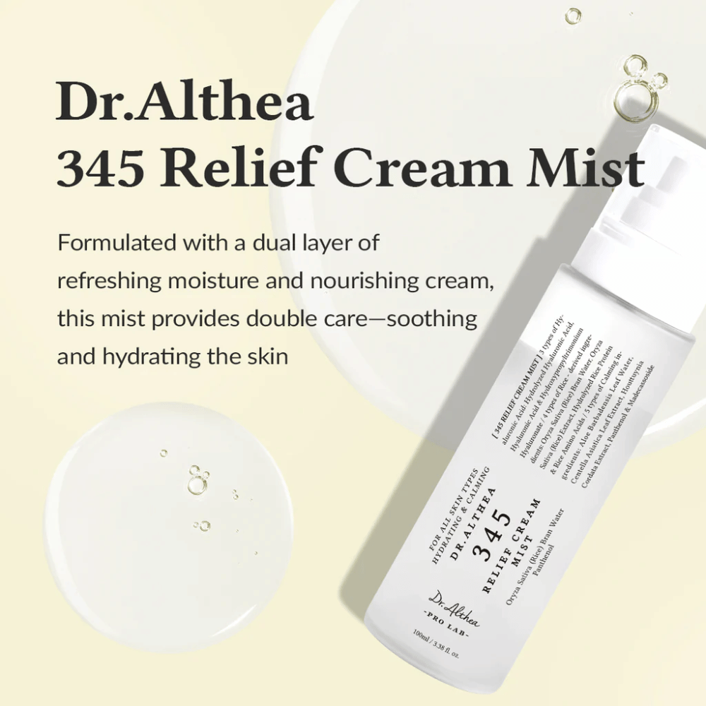 Produktbilde av Dr. Althea 345 Relief Cream Mist med beskrivelse av den beroligende og fuktighetsgivende formelen som gir dobbel hudpleie i ett enkelt spraysteg.