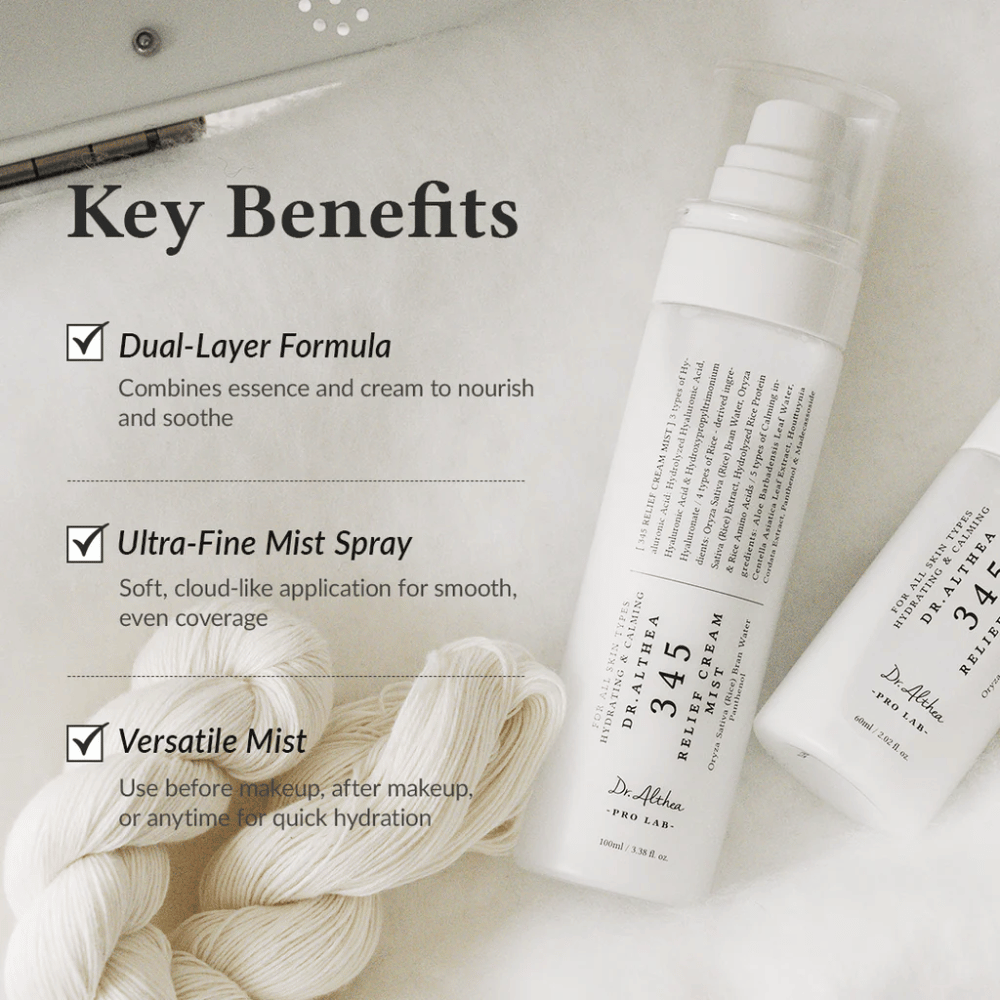 Dr. Althea 345 Relief Cream Mist med fokus på fordeler som dobbeltlagsformel, ultrafin mist og allsidig bruk for rask og jevn fuktighet.