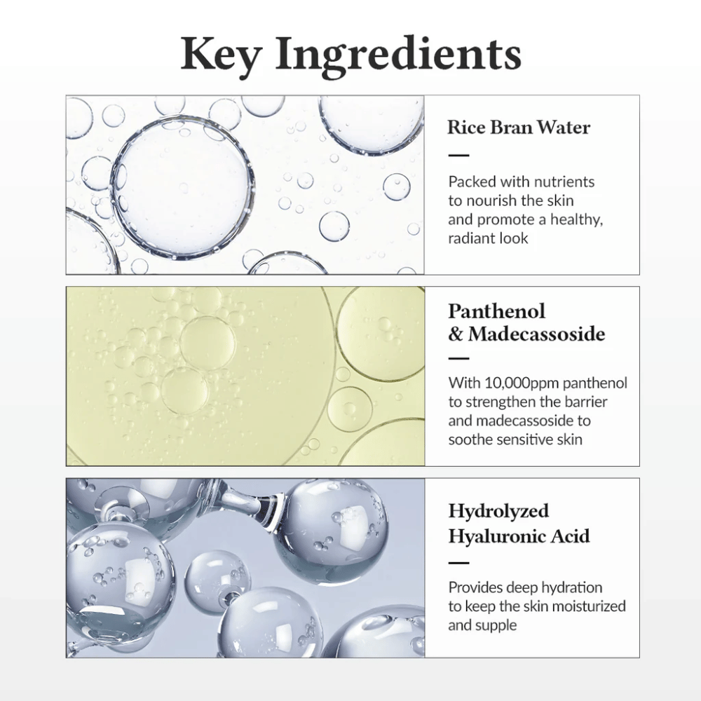 Nøkkelingredienser i Dr. Althea 345 Relief Cream Mist, med risvann, panthenol, madecassoside og hydrolysert hyaluronsyre som styrker hudbarrieren og gir dyp fuktighet.