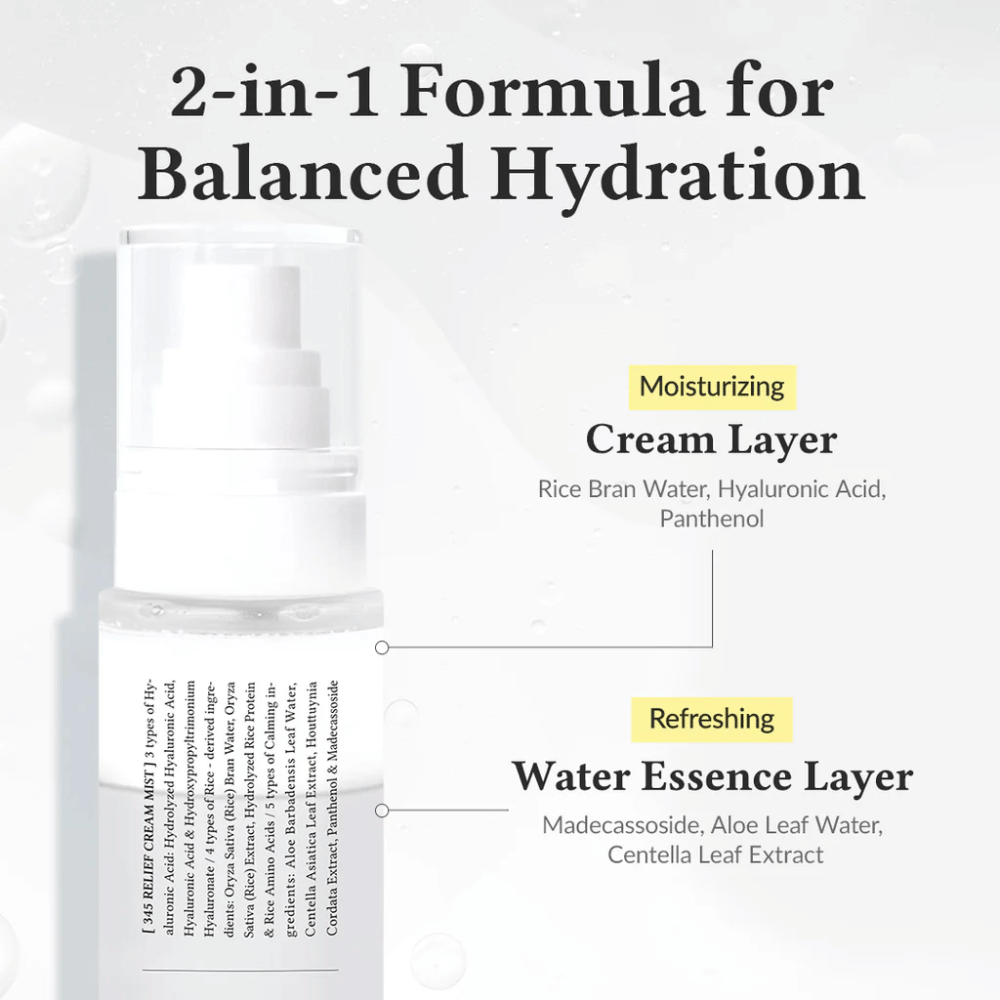 Illustrasjon av Dr. Althea 345 Relief Cream Mist med to lag, et fuktighetsgivende krem-lag og et oppfriskende vannessenslag for balansert og langvarig fuktighet.