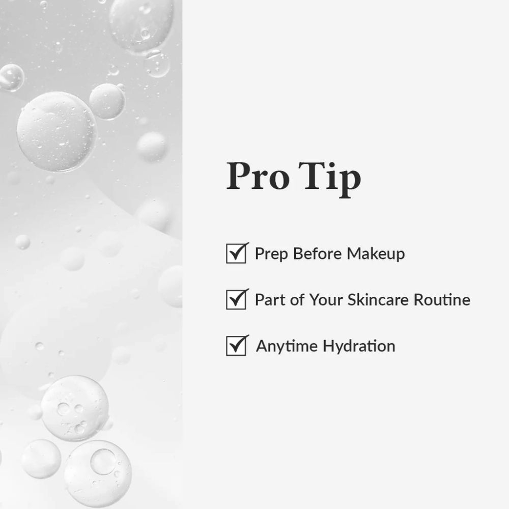 Pro Tip-grafikk som viser hvordan Dr. Althea 345 Relief Cream Mist brukes for fuktighet før sminke, som del av hudpleierutinen eller når som helst i løpet av dagen.