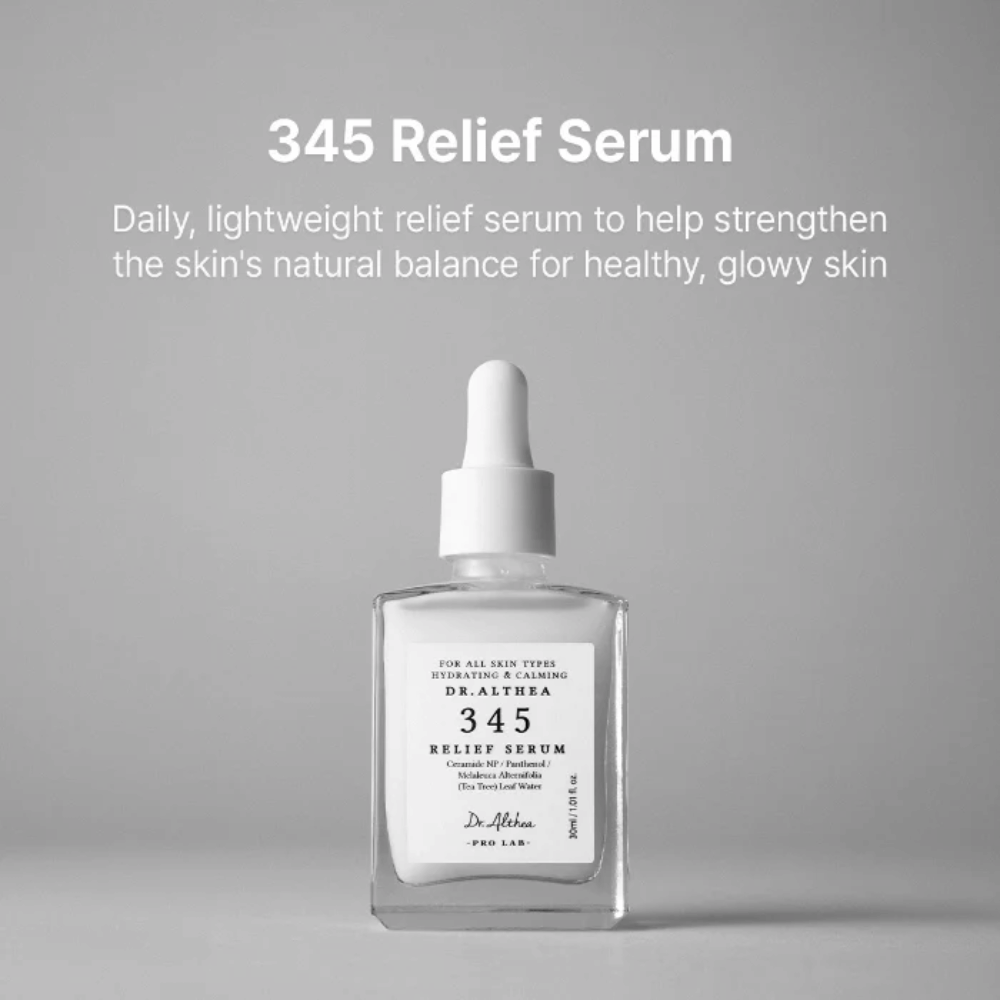 Dr. Althea 345 Relief Serum 30 ml – lett fuktighetsgivende serum for sensitiv hud med ceramider, panthenol og tea tree-vann.