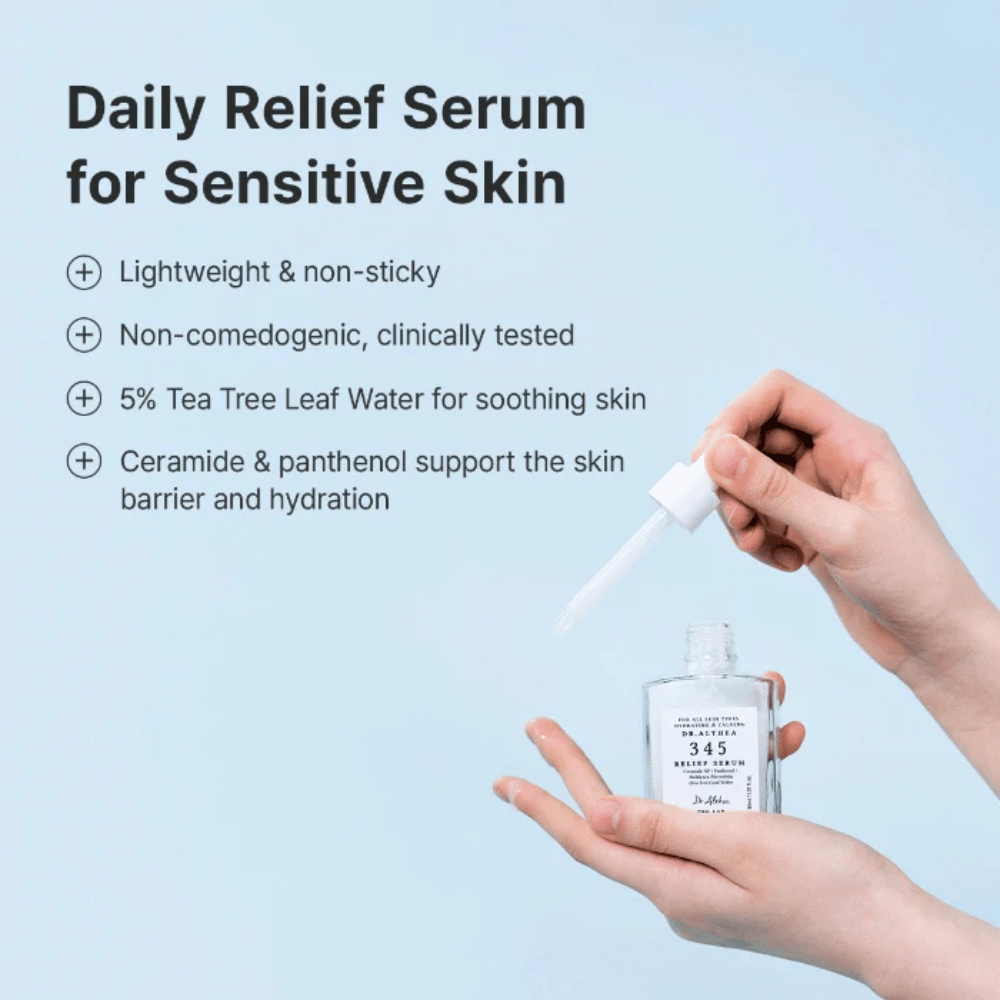 Dr. Althea 345 Relief Serum med ceramider, panthenol og tea tree-vann for sensitiv hud og langvarig fuktighet.