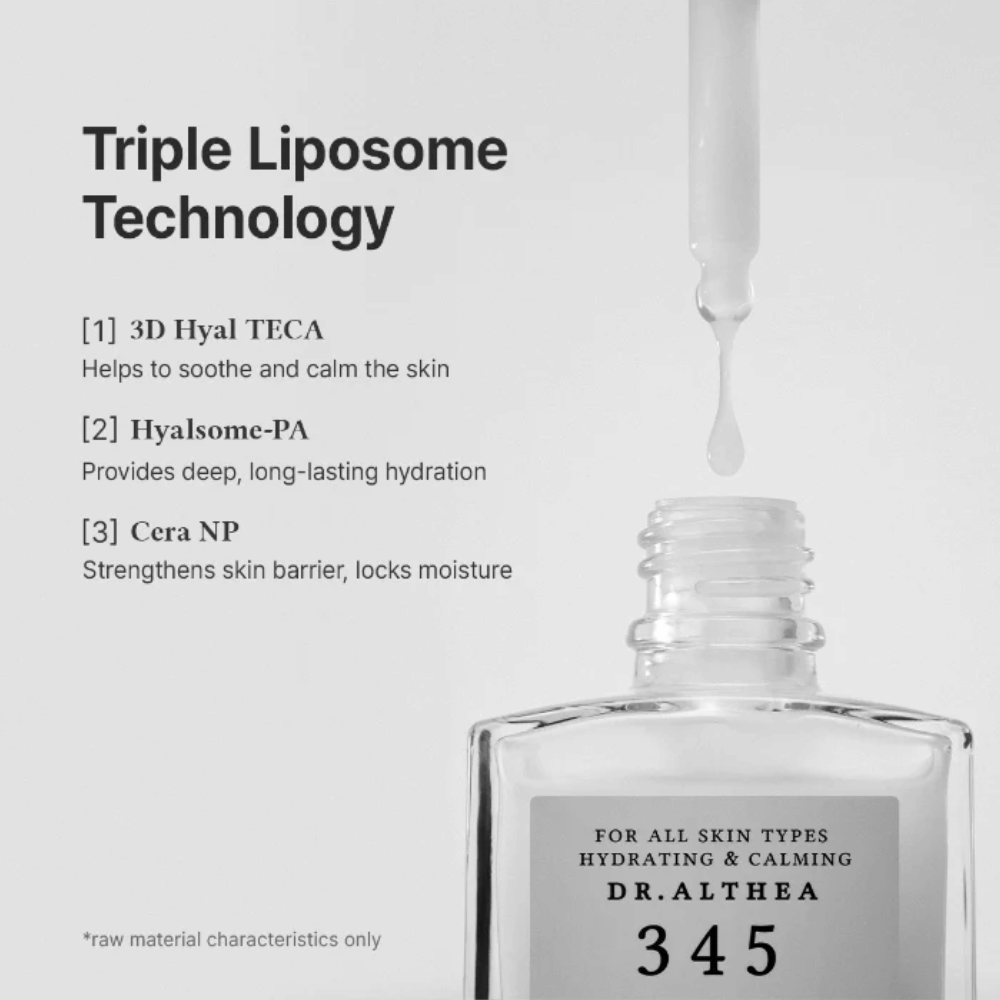 Dr. Althea 345 Relief Serum med trippel liposomteknologi, ceramider og hyaluronsyre for intensiv fuktighet og beroligende effekt.