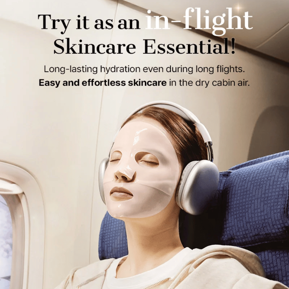 COSRX 5 PDRN Hyaluronic Acid Vital Hydrating Hydrogel Mask brukt som fuktighetsgivende Sheet mask under flyreise for langvarig fuktighet og beroligende effekt