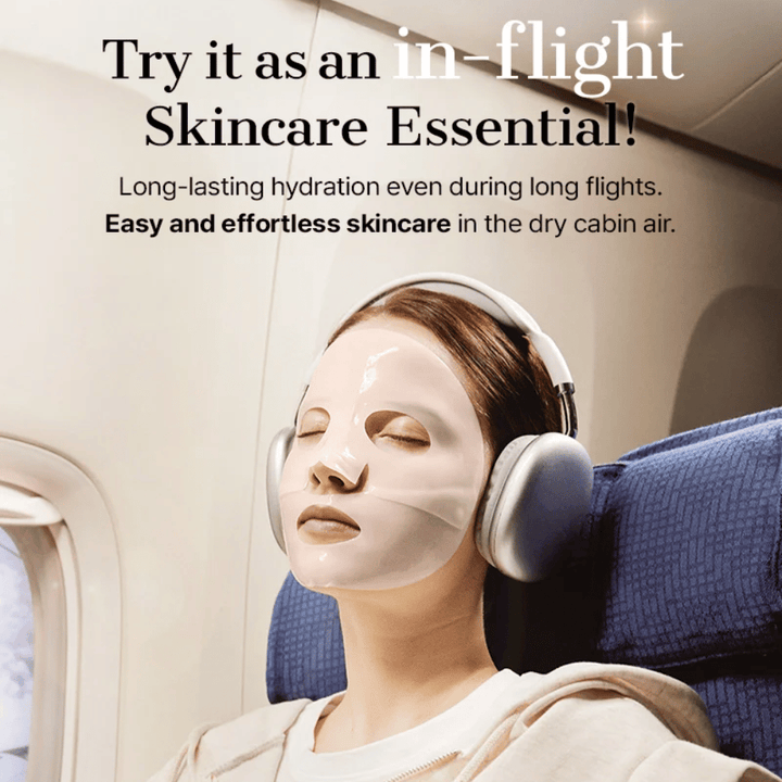 COSRX 5 PDRN Hyaluronic Acid Vital Hydrating Hydrogel Mask brukt som fuktighetsgivende Sheet mask under flyreise for langvarig fuktighet og beroligende effekt