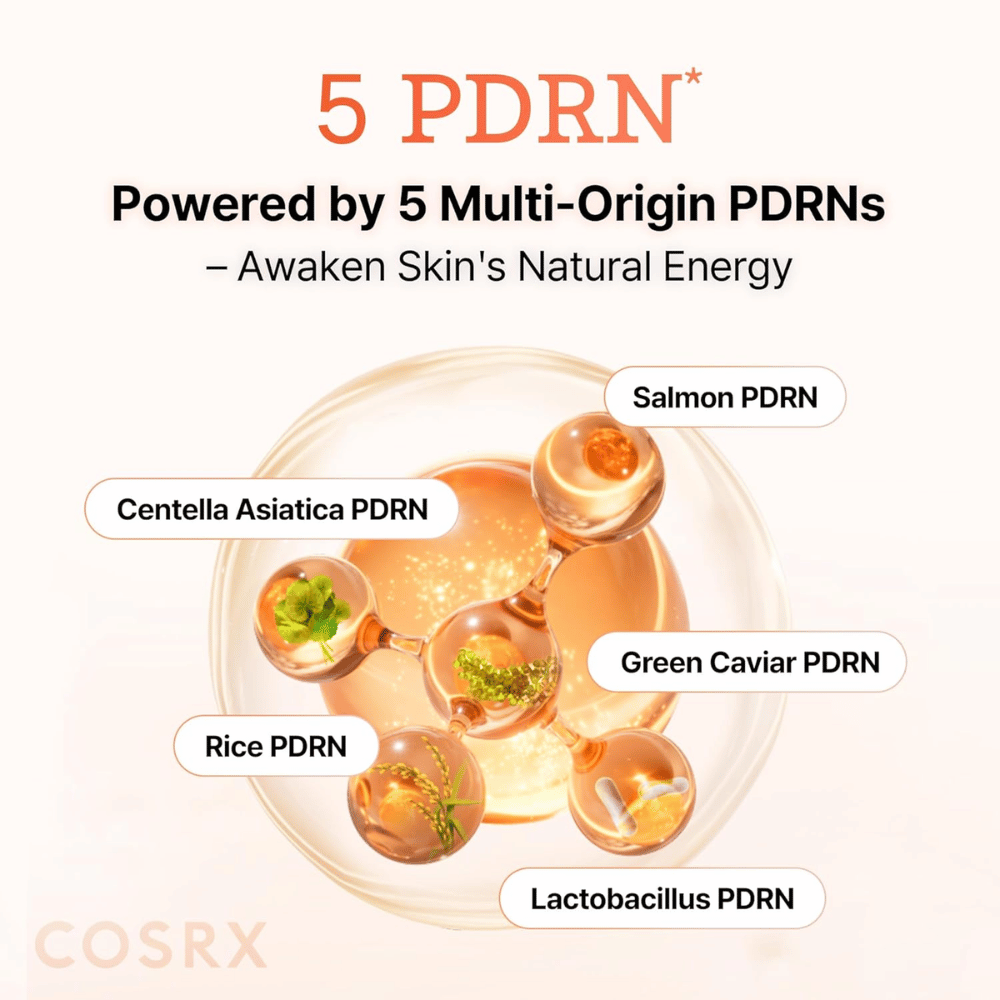 COSRX 5 PDRN serum med multi-origin PDRN fra laks, centella asiatica, ris og probiotika som styrker huden og forbedrer elastisiteten