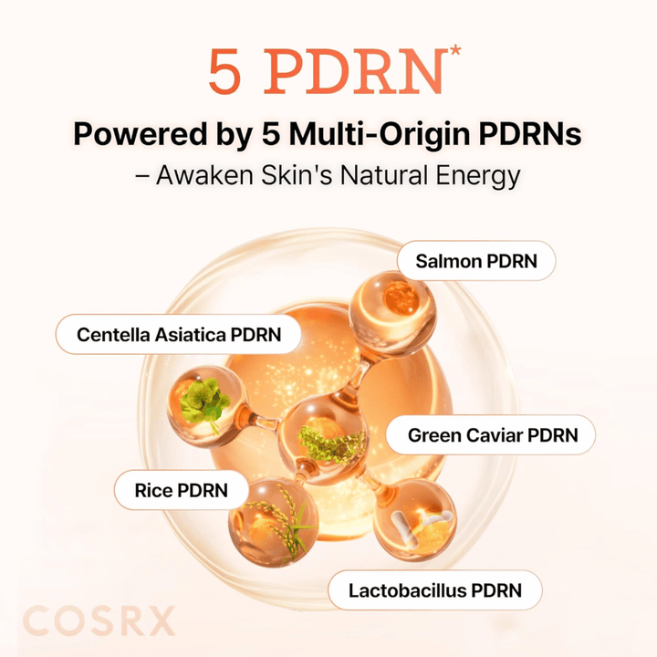 COSRX 5 PDRN serum med multi-origin PDRN fra laks, centella asiatica, ris og probiotika som styrker huden og forbedrer elastisiteten