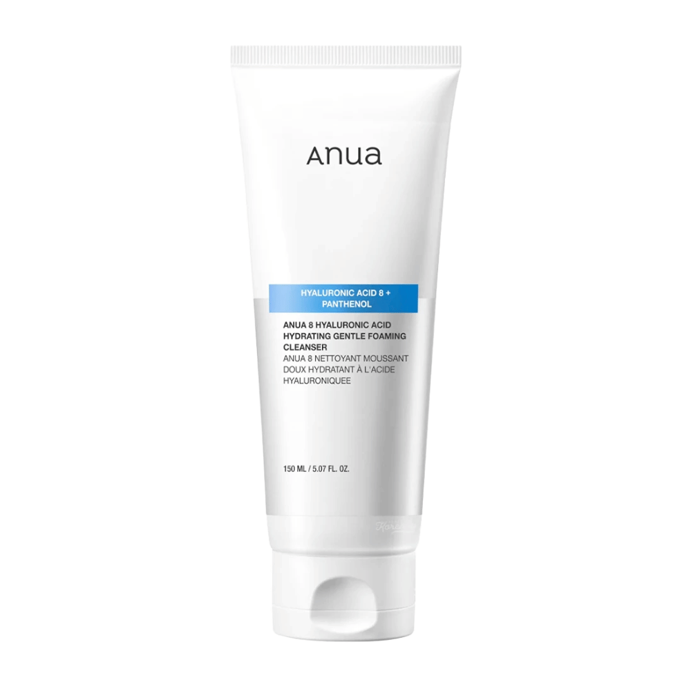 Anua 8 Hyaluronic Acid Hydrating Gentle Foaming Cleanser er en skånsom rensekrem som kombinerer åtte typer hyaluronsyre og panthenol for å gi intensiv fuktighet og beskytte hudens barriere. Den produserer et mykt og rikt skum som effektivt fjerner smuss og sminke uten å tørke ut huden.