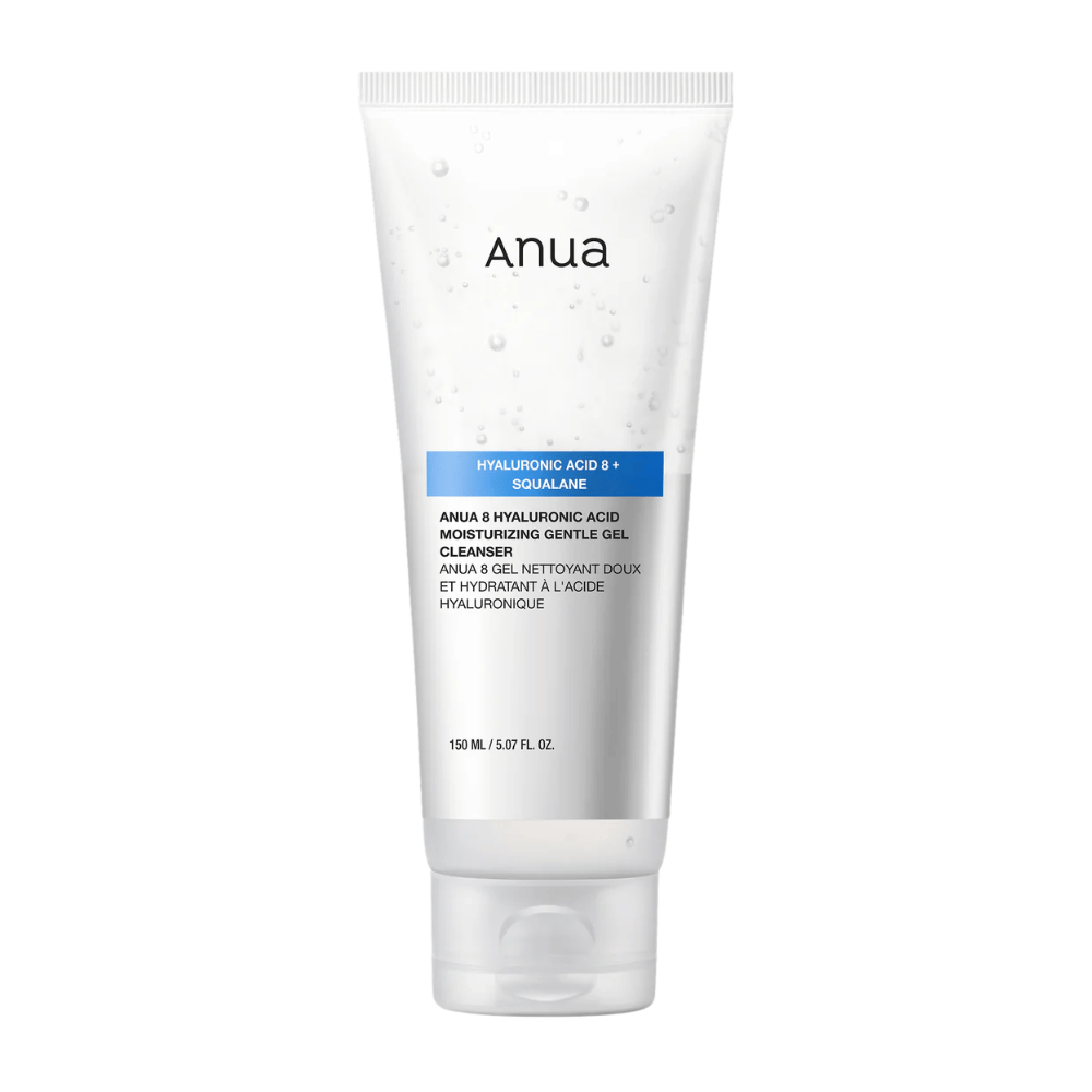Produktbilde på Anua 8 Hyaluronic Acid Moisturizing Gentle Gel Cleanser i hvit tube. Skånsom gelrengjøring som styrker hudens fuktighetsbarriere og gir myk, balansert hud.