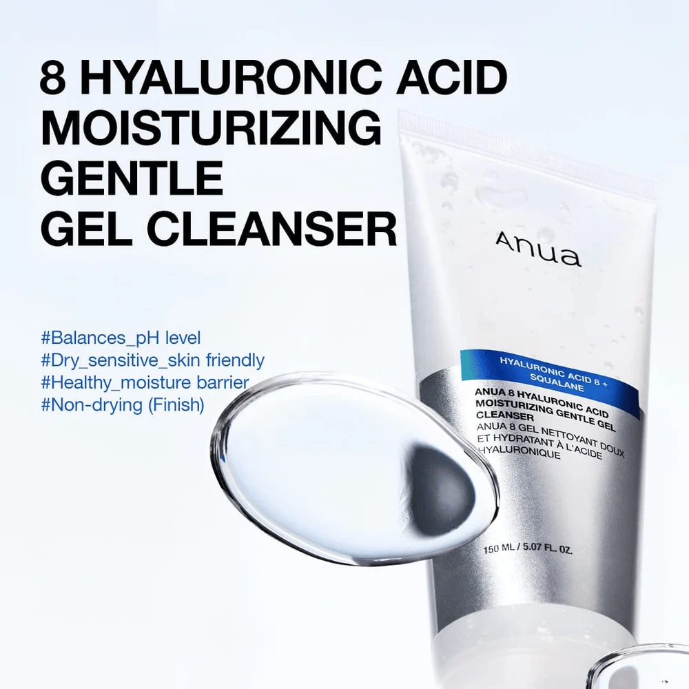 Anua 8 Hyaluronic Acid Moisturizing Gentle Gel Cleanser 150 ml mot blå bakgrunn. Mild gelrengjøring med squalane som fukter og passer for sensitiv hud.