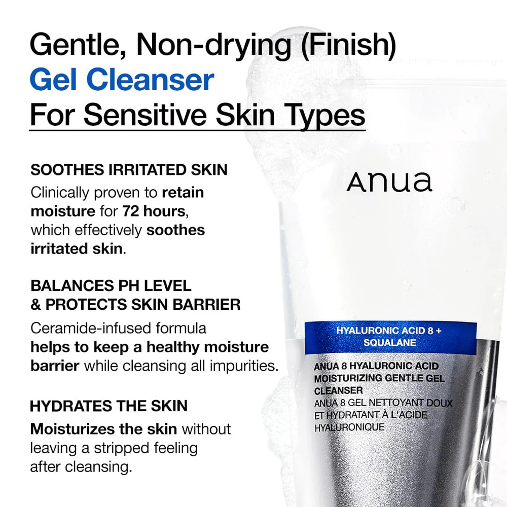 Anua 8 Hyaluronic Acid Moisturizing Gentle Gel Cleanser med tekst som fremhever produktets egenskaper: fukter i 72 timer, balanserer pH og beskytter hudbarrieren.