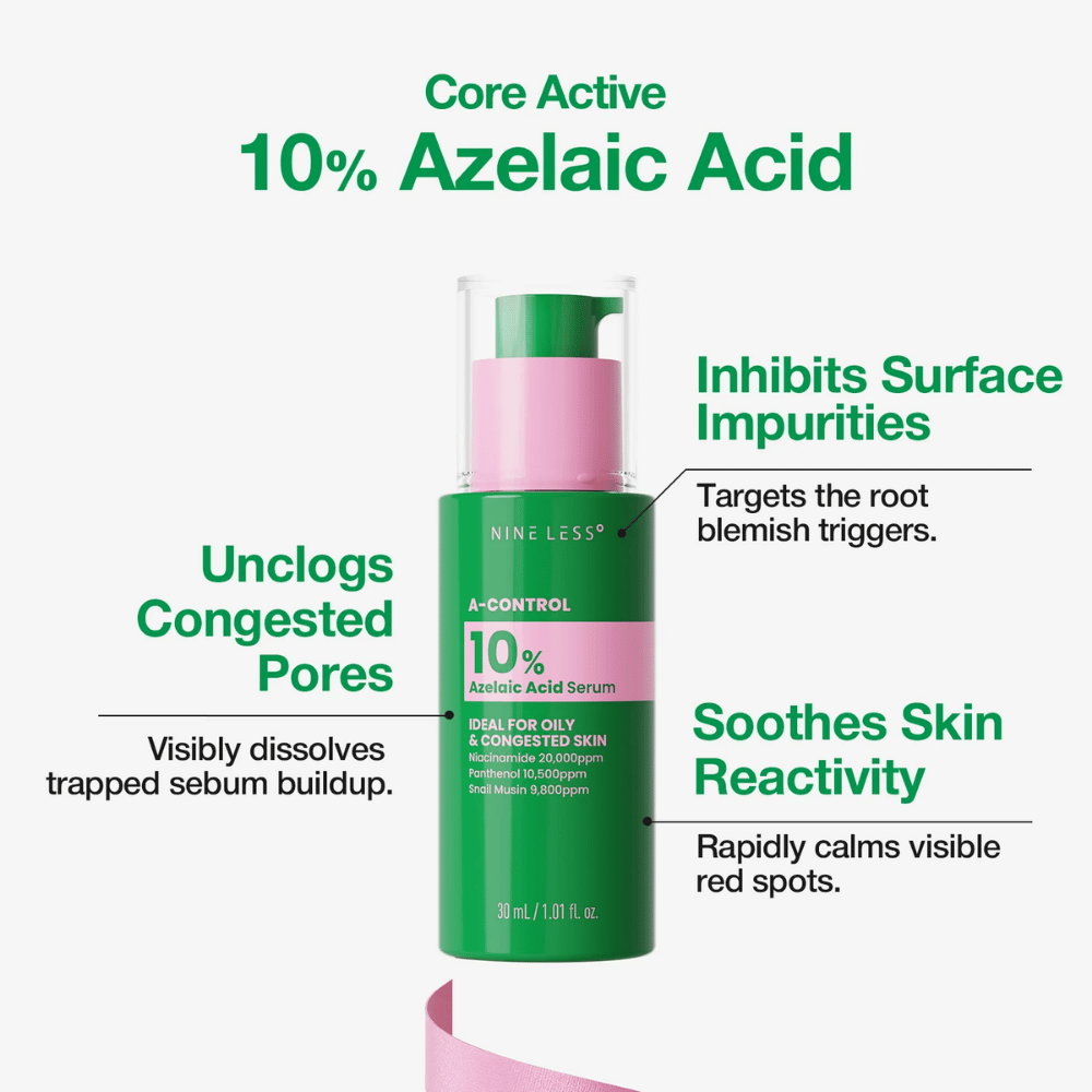 NINELESS A-Control serum med 10% azelainsyre hjelper med å motvirke tilstoppede porer, urenheter og synlig rødhet.