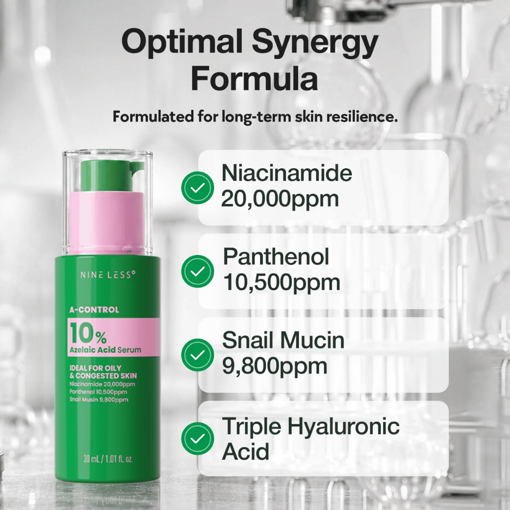 NINELESS A-Control 10% Azelaic Acid Serum med niacinamid, panthenol, snegleslim og hyaluronsyre for en balansert og fuktet hud.