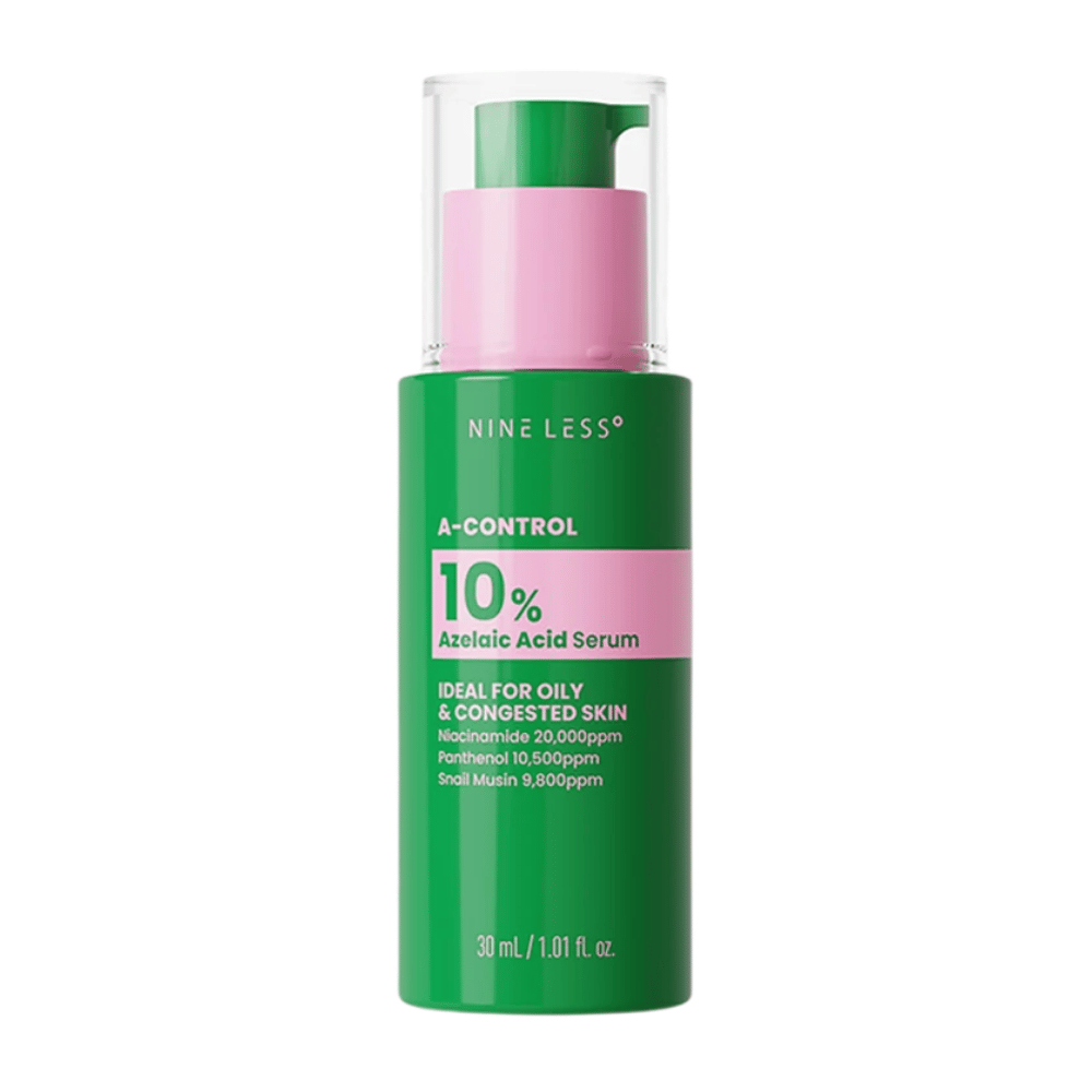 NINELESS A-Control 10% Azelaic Acid Serum 30 ml i grønn pumpeflaske for fet og tilstoppet hud.