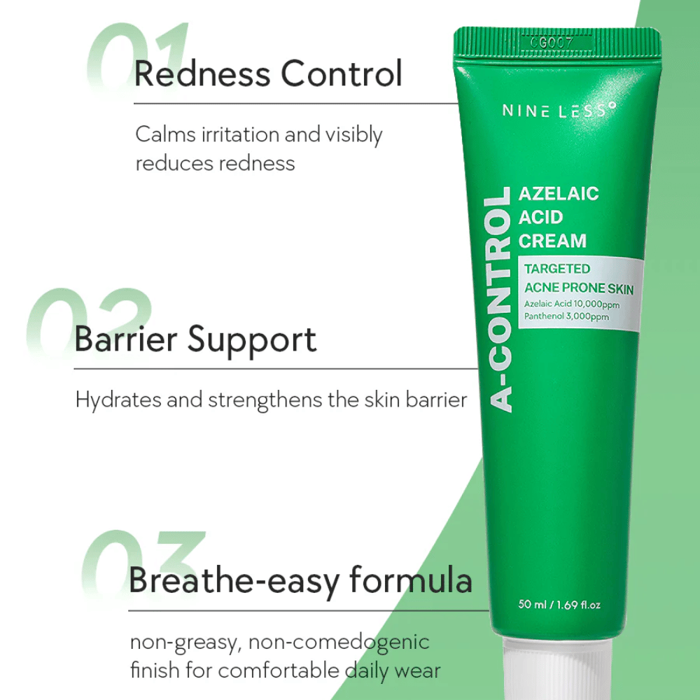 NINELESS A-Control Azelaic Acid Cream – koreansk ansiktskrem med azelainsyre som hjelper til med å redusere rødhet, styrke hudbarrieren og gi en lett, ikke-fet finish.