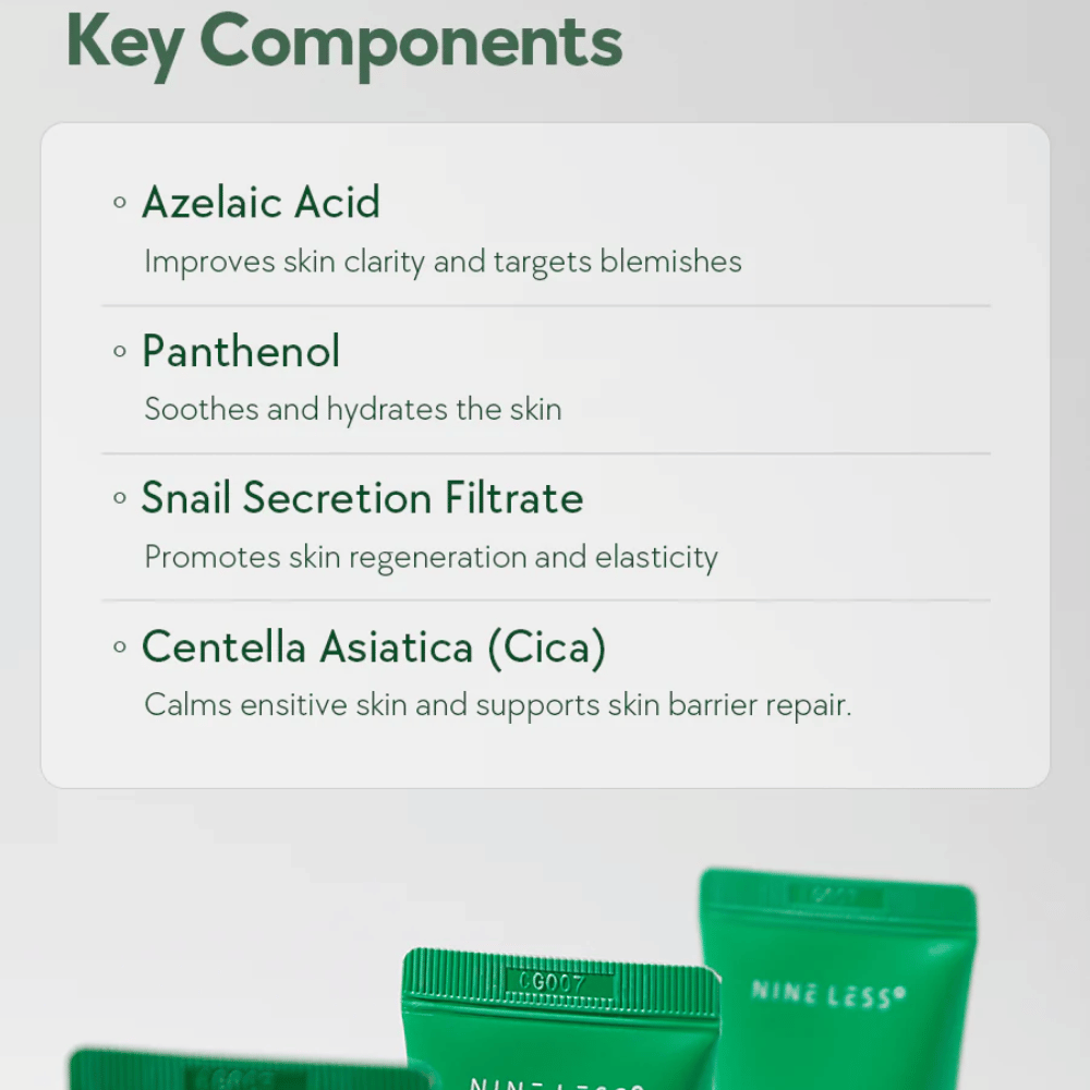 NINELESS A-Control Azelaic Acid Cream ingredienser – ansiktskrem med azelainsyre, panthenol, snegleslim og Centella Asiatica som hjelper til med å berolige huden og forbedre hudens klarhet.