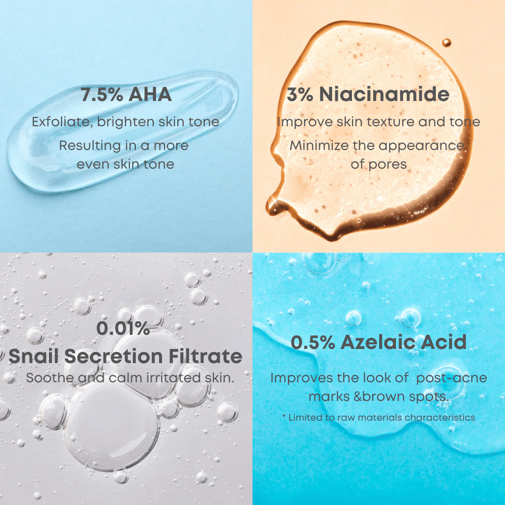 Nærbilde av serumdråper som illustrerer nøkkelingrediensene i toneren: 7.5% AHA, 3% niacinamid, sneglesekretfiltrat og 0.5% azelainsyre.
