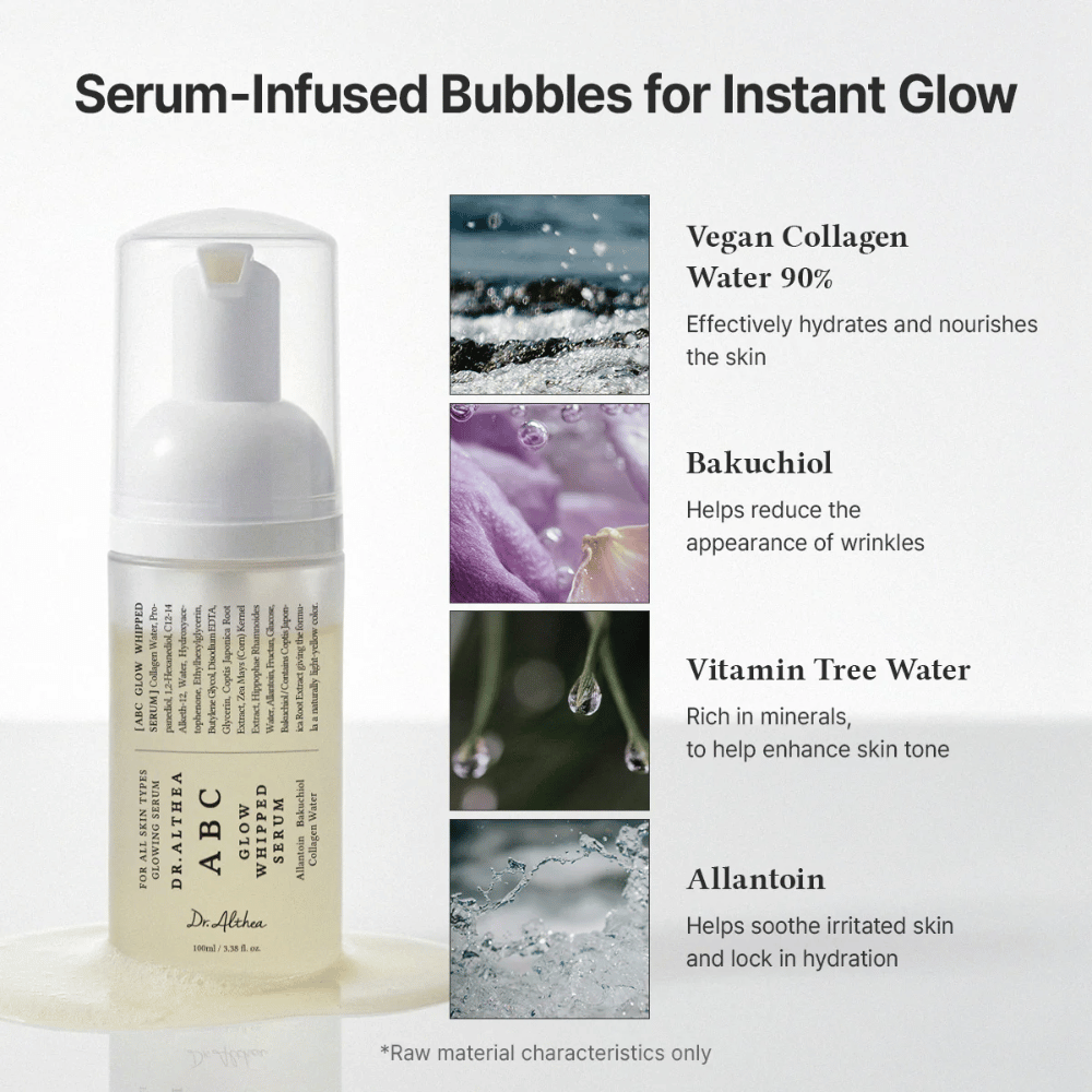 Bilde – ingredienser (EEAT + rangering)
Dr. Althea ABC Glow Whipped Serum med vegansk kollagen, bakuchiol, vitamin tree water og allantoin som fukter, beroliger og forbedrer hudens struktur.