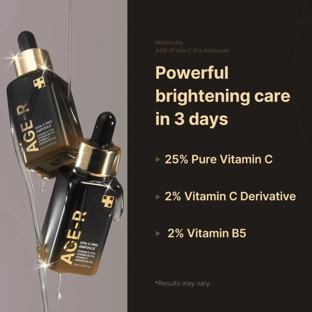 Bilde av Medicube Age-R Vita C Pro Ampoule som fremhever produktets lysnende effekt innen 3 dager. Produktet inneholder 25% rent vitamin C, 2% vitamin C-derivat og 2% vitamin B5. Flaskene vises med gylne detaljer og en pipette for påføring.