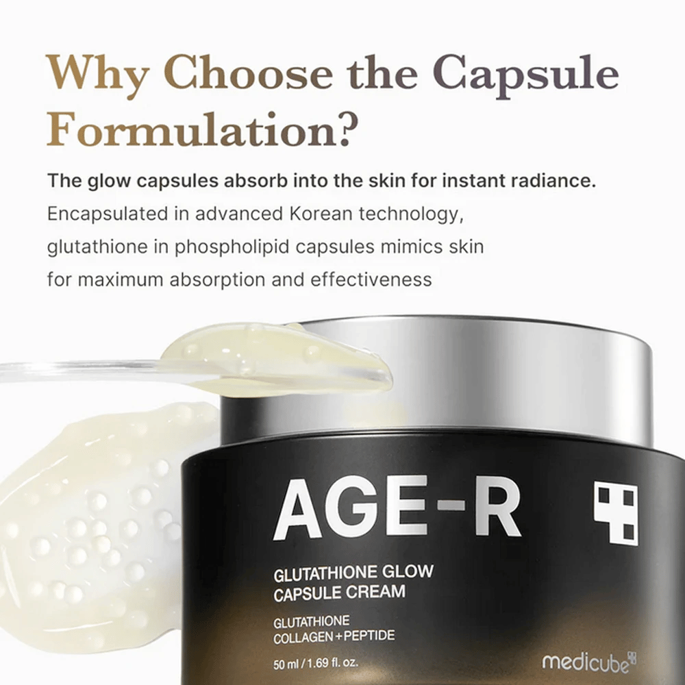 Medicube Age-R Glutathione Glow Capsule Cream markedsføres med en forklaring om fordelene med kapselformuleringen. Glutathionkapsler absorberes raskt i huden for umiddelbar glød, takket være avansert koreansk teknologi som imiterer hudens egne mekanismer for maksimal effekt.