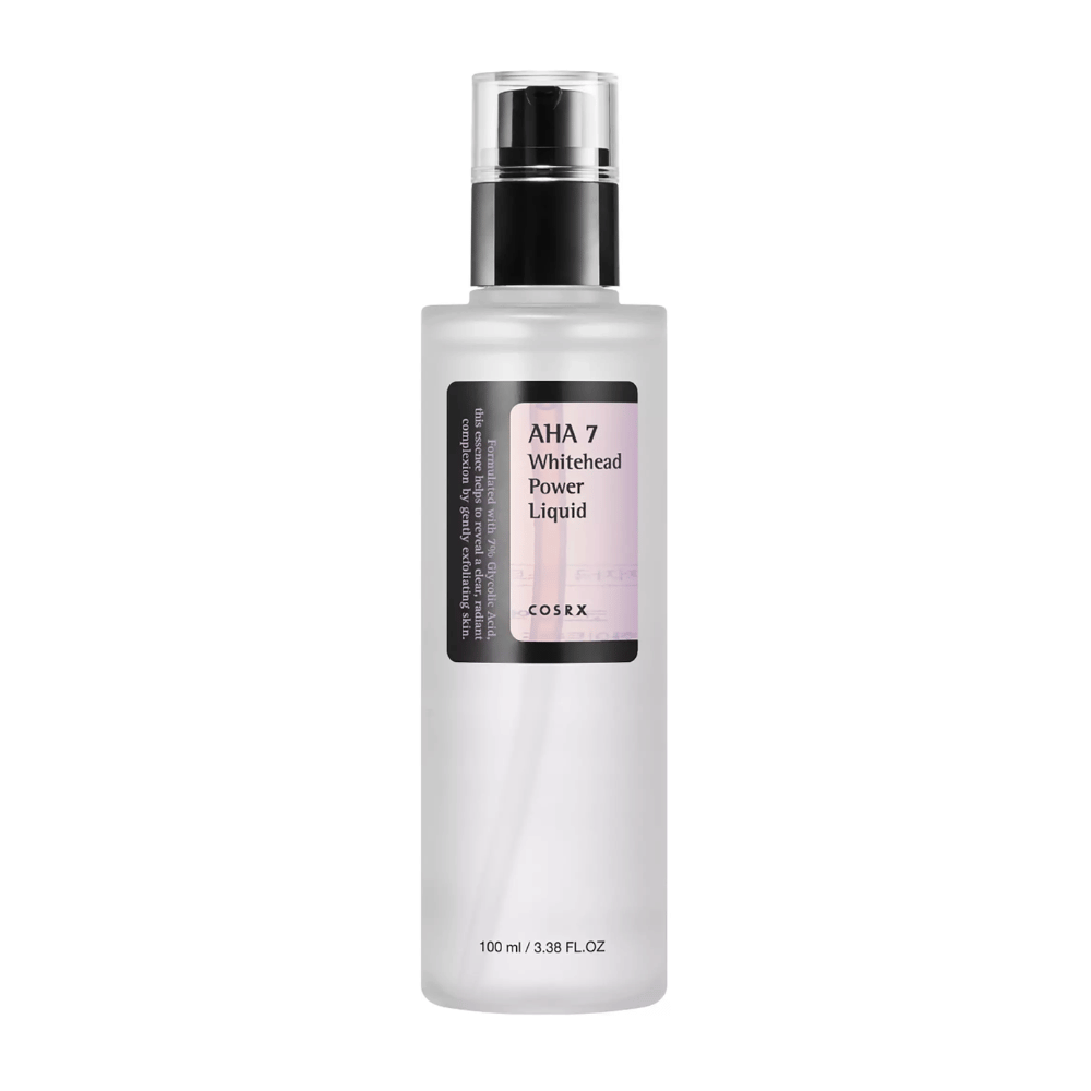 COSRX AHA 7 Whitehead Power Liquid flaske 100 ml, effektiv eksfoliering med 7 % glykolsyre mot hvite hudormer og ujevn hudtone.