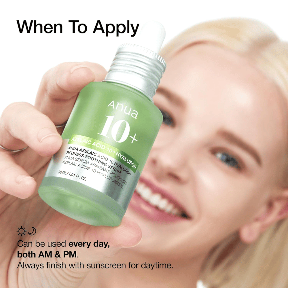 ANUA Azelaic Acid 10+ Hyaluron er et beroligende serum som reduserer rødhet og fukter huden. Perfekt for daglig bruk både morgen og kveld. Inneholder azelainsyre og hyaluronsyre for å balansere og styrke hudens barriere. Bruk alltid solbeskyttelse på dagen.