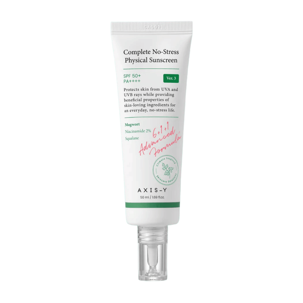 Produktet på bildet er "AXIS-Y Complete No-Stress Physical Sunscreen", versjon 3. Den er en fysisk solkrem med SPF 50+ og PA+++, som beskytter huden mot både UVA- og UVB-stråling.