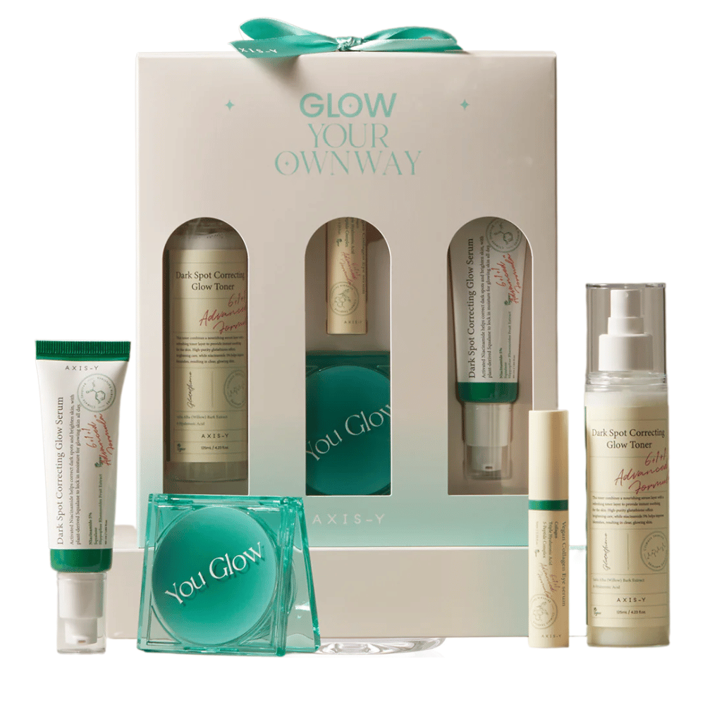 AXIS-Y Glow Your Own Way Beauty Box – et komplett sett med vegansk hudpleie som reduserer pigmentflekker, tilfører fukt og gir glød. Perfekt for en jevnere hudtone!