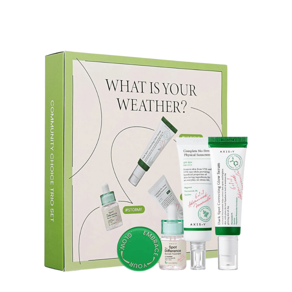 AXIS-Y "What is your weather?" Hudpleiesett i grønn pakke inkluderer fem produkter: solkrem, fuktighetskrem, serum, behandlingsgel og ansiktsmaske, tilpasset forskjellige hudtyper og klima.