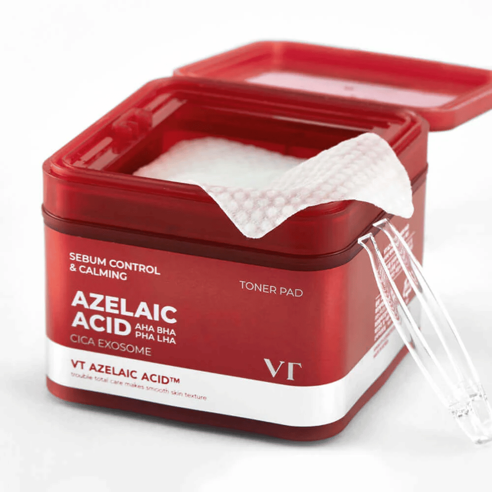 Åpen boks med VT Azelaic Acid Toner Pad og pinsett – for enkel og hygienisk bruk.