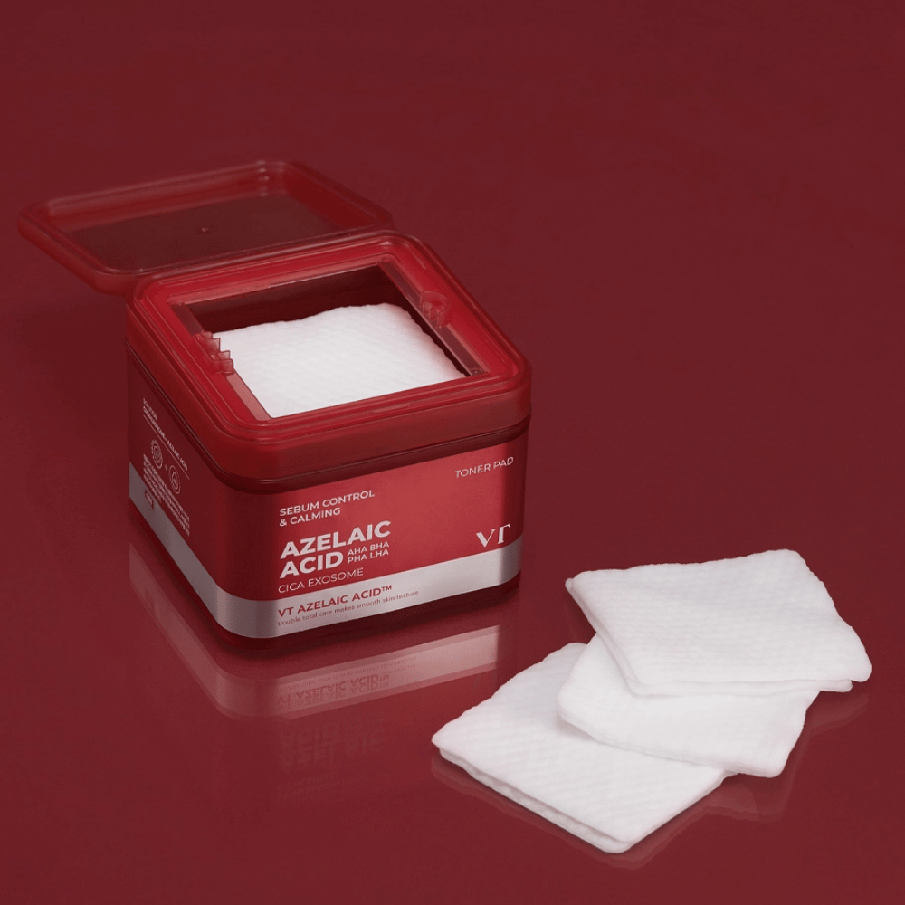 VT Azelaic Acid Toner Pad – eksfolierende og beroligende pads med AHA, BHA, PHA og LHA for balansert, klar hud.