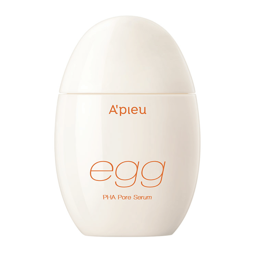 A'pieu Egg PHA Pore Serum i eggformet, beige emballasje med oransje tekst – et koreansk serum som eksfolierer mildt og minimerer porer.