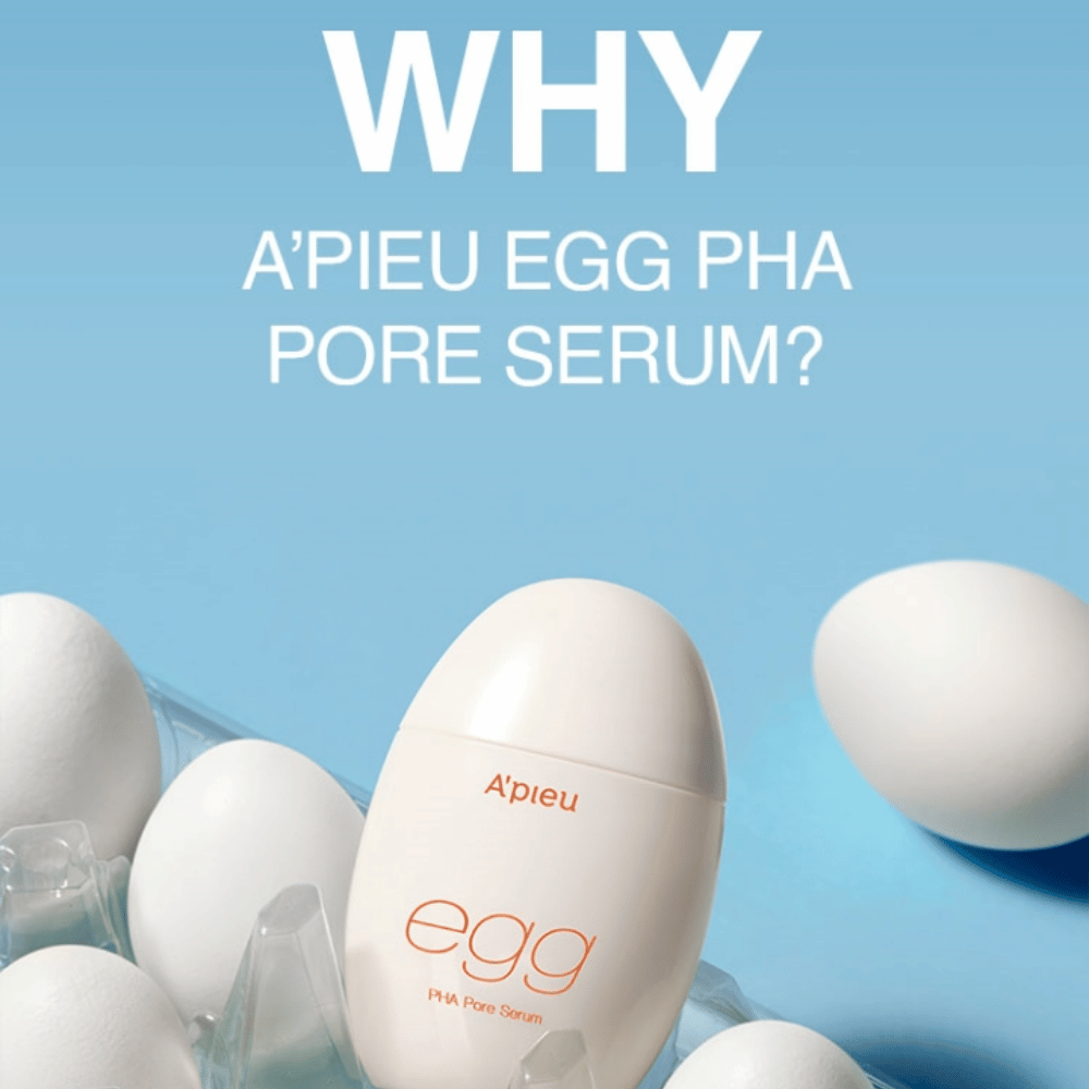 A'pieu Egg PHA Pore Serum i eggformet emballasje blant hvite egg i en eggekartong – et koreansk serum for raffinerte porer og skånsom eksfoliering.