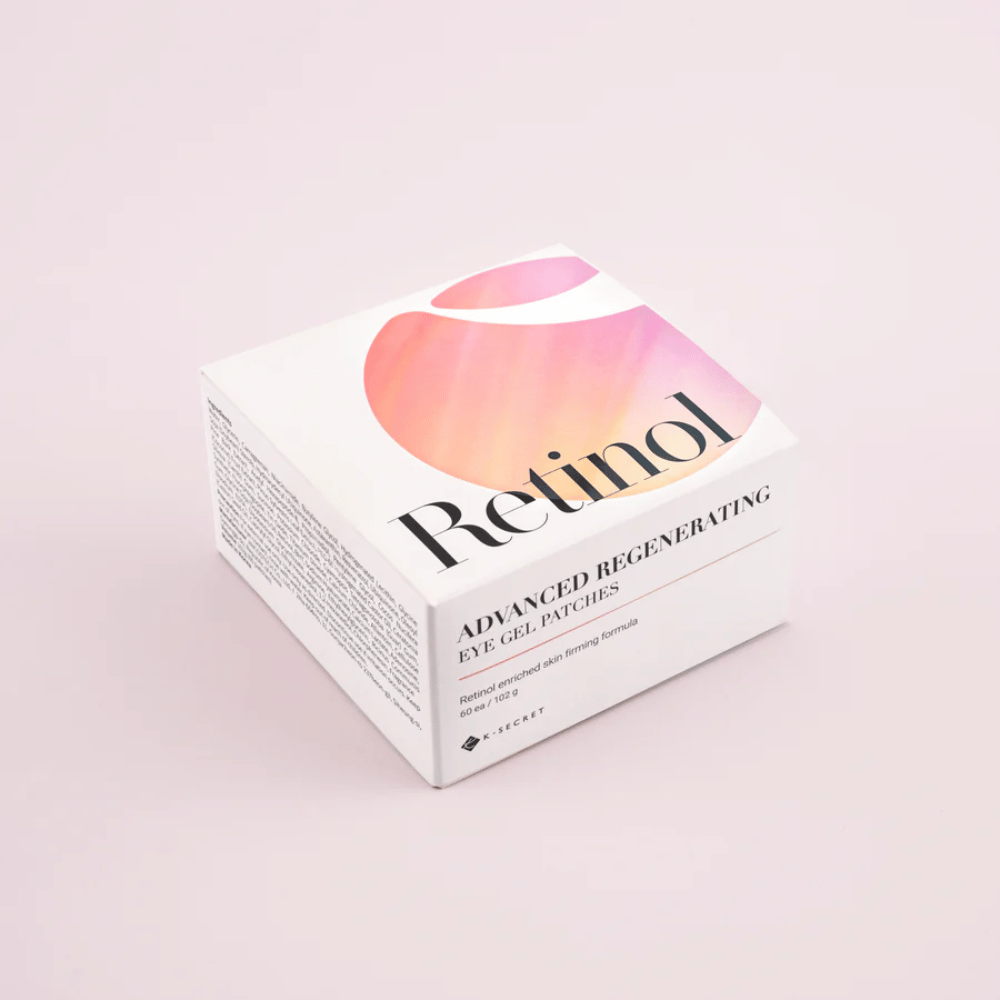 Pakke av K-Secret Advanced Regenerating Eye Gel Patches med retinol i hvit og rosa design.