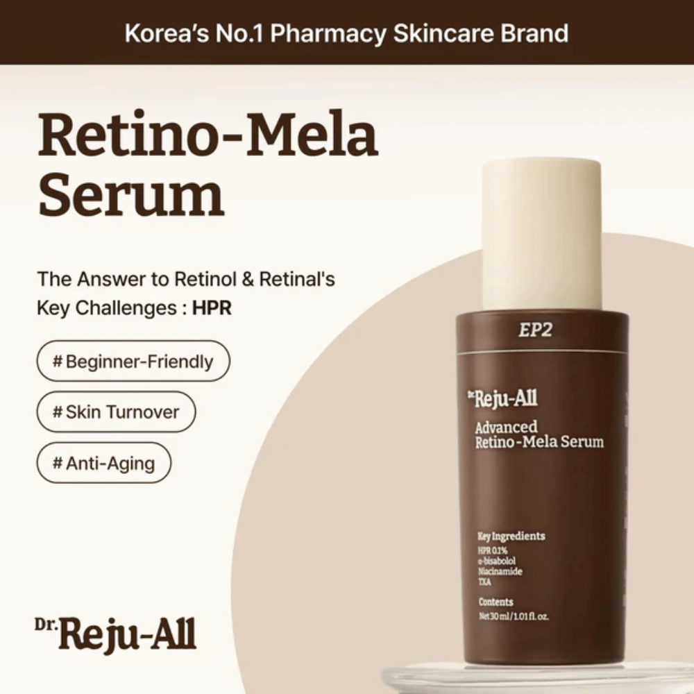 Dr. Reju-All Advanced Retino-Mela Serum EP2 – HPR-basert retinolalternativ som er mildere enn retinol og retinal, utviklet for jevnere hudtone, hudfornyelse og anti-aldring.