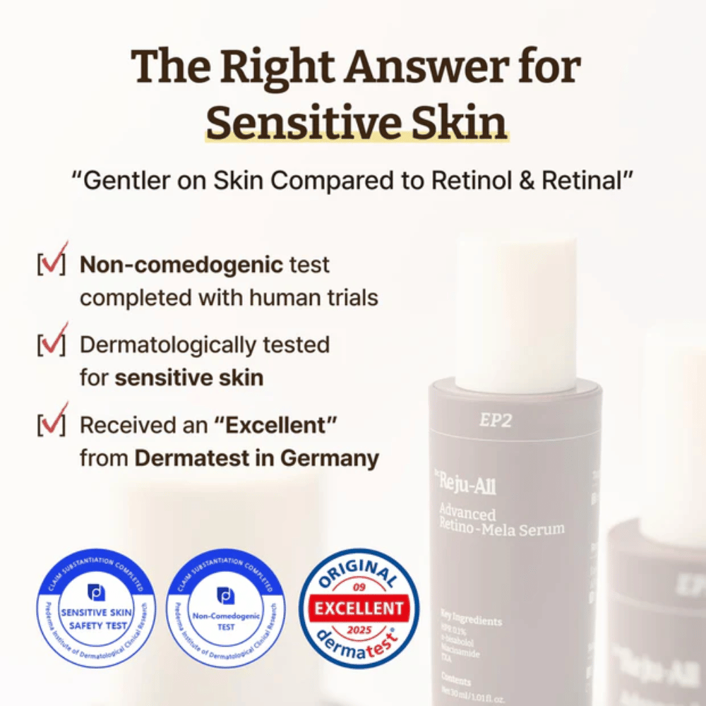 Dr. Reju-All Advanced Retino-Mela Serum for sensitiv hud – ikke-komedogen, dermatologisk testet og vurdert som ”Excellent” av Dermatest i Tyskland.