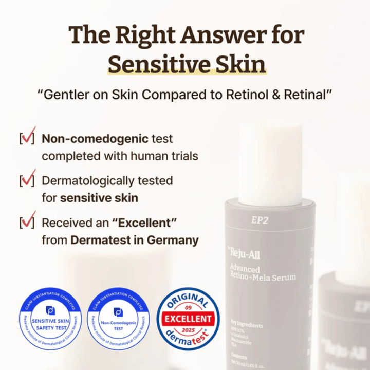 Dr. Reju-All Advanced Retino-Mela Serum for sensitiv hud – ikke-komedogen, dermatologisk testet og vurdert som ”Excellent” av Dermatest i Tyskland.