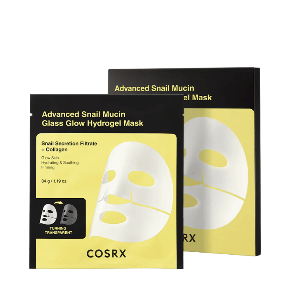 Emballasje av COSRX Advanced Snail Mucin Glass Glow Hydrogel Mask – fuktighetsgivende maske med sneglesekret og kollagen.