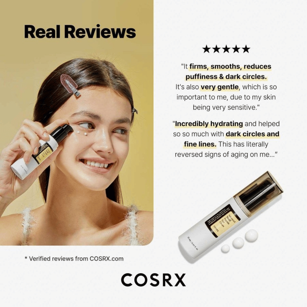 COSRX Advanced Snail Peptide Eye Cream påføres under øynene – Øyekrem med 73,7% snegleslim og peptider mot mørke ringer, hevelse og fine linjer
