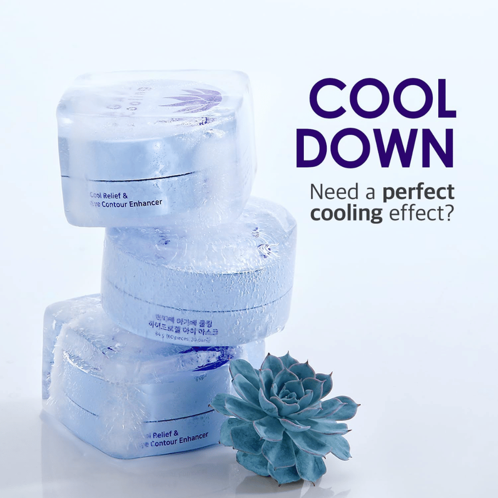 Kampanjebilde av PETITFEE Agave Cooling Hydrogel Eye Mask med et iskaldt og kjølende tema. Bildet fremhever produktets kjølende effekt og friske følelse for trette øyne.