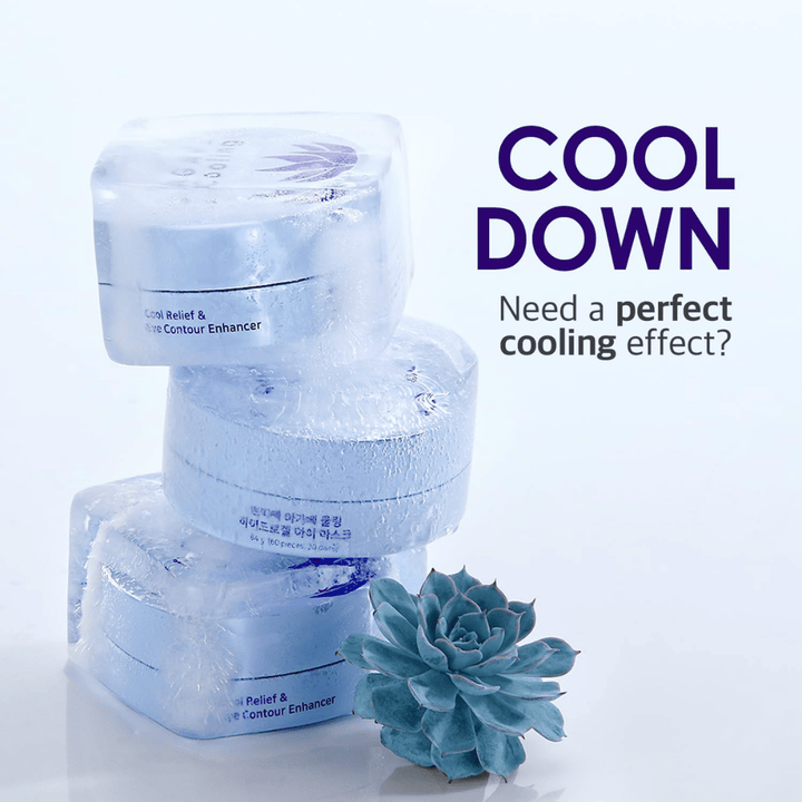 Kampanjebilde av PETITFEE Agave Cooling Hydrogel Eye Mask med et iskaldt og kjølende tema. Bildet fremhever produktets kjølende effekt og friske følelse for trette øyne.