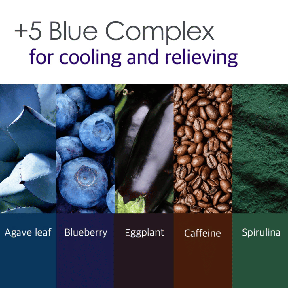 Informasjonsbilde om “5 Blue Complex” med ingredienser som agaveblad, blåbær, aubergine, koffein og spirulina. Fokus ligger på kjølende og beroligende egenskaper for huden.
